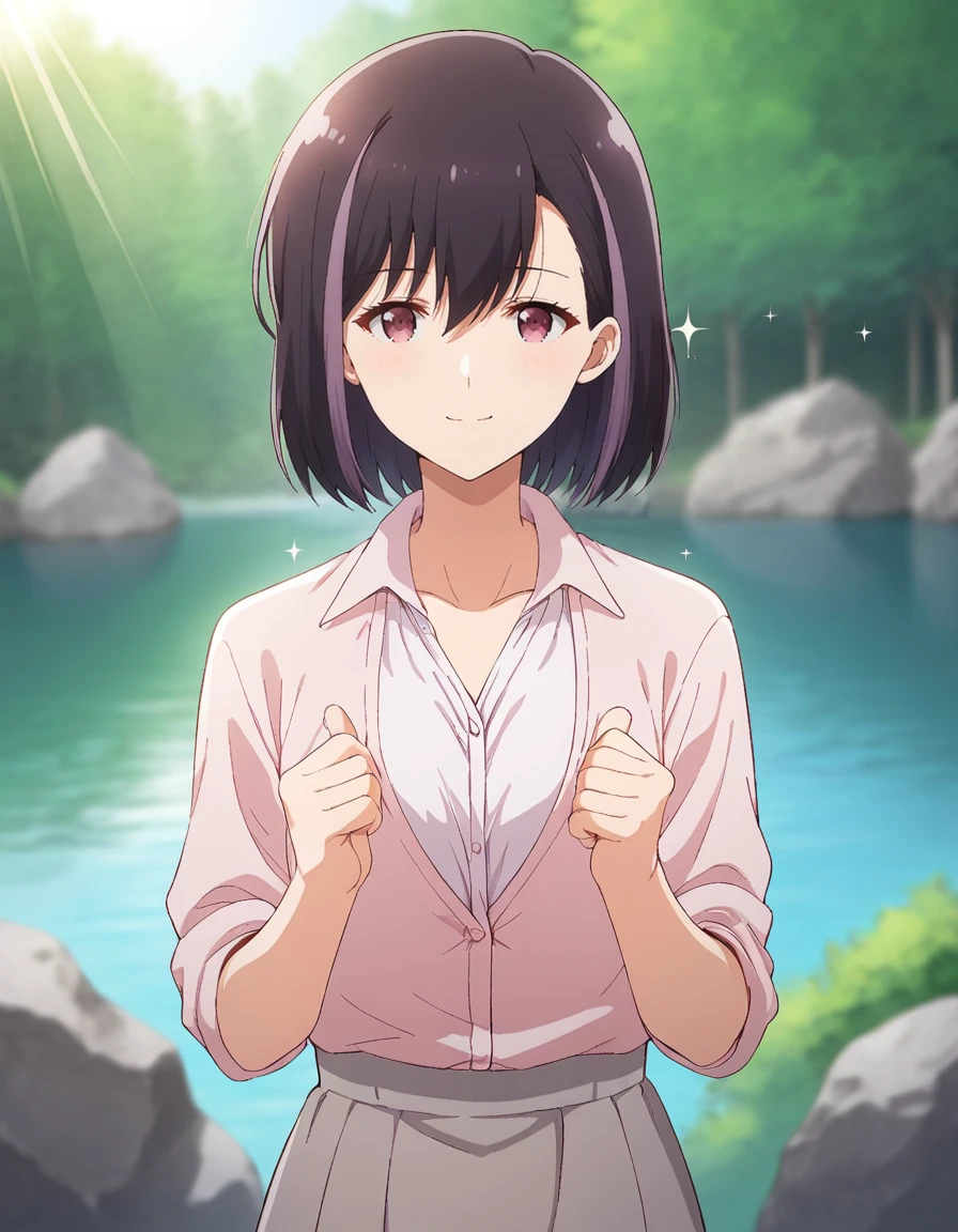 score_9, score_8_up, score_7_up, source_anime, BREAK
1girl, solo, looking at viewer, blurry background, outdoors, forrest, river, blocking sunlight, sun, light rays, sparkle, scenery, random pose, rocks, happy,
<lora:rika_honjouji_anime_v2-soralz:1>
rika honjouji, purple hair, black hair, multicolored hair, short hair, hair between eyes, purple eyes,
outing outfit 1, pink blouse, white tank top, short sleeves, gray long skirt