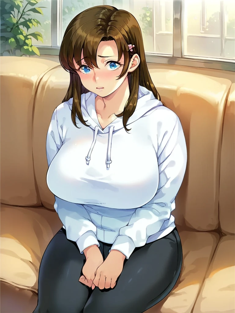 score_9, score_8_up, score_7_up, 
1girl, shirasaki ayano, blue eyes, brown hair, long hair, hairclip, huge breasts,


looking at viewer, shy, blush, sitting, couch, yoga pants, hoodie, frey hoodie, 