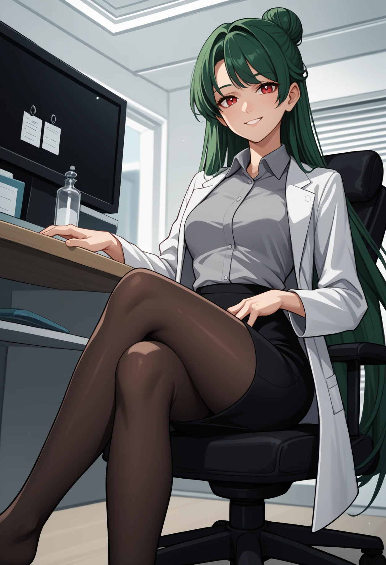 score_9, score_8_up, score_7_up, source_anime, <break> solo, 1girl, sail0rplut0, smile, looking at you, sitting, swivel chair, crossed legs, long hair, green hair, single hair bun, red eyes, lab coat, open coat, long sleeves, grey shirt, collared shirt, black skirt, pencil skirt, black pantyhose, indoors, office
<segment:yolo-face_yolov8m.pt,0.4,0.5//cid=1>