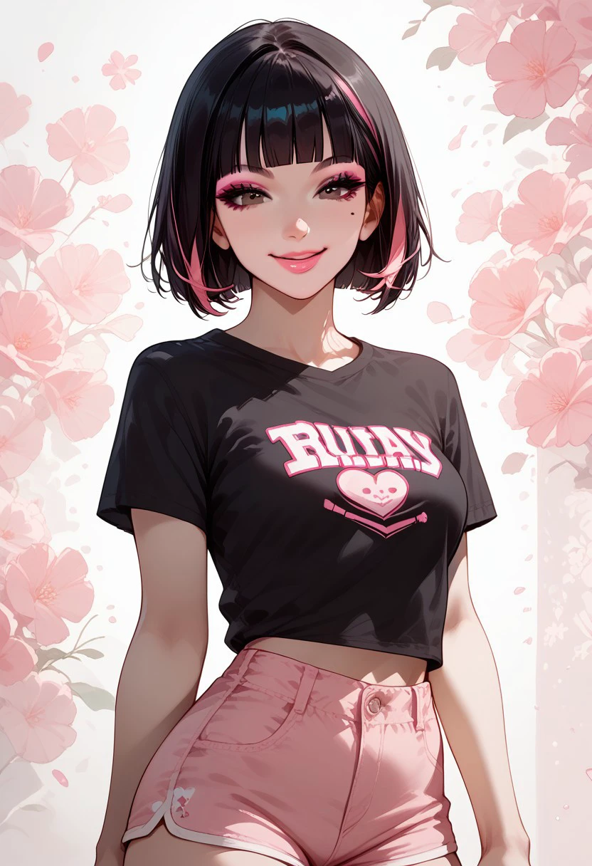 score_9, score_8_up, score_7_up, score_6_up, score_5_up, score_4_up, 1girl,Sarah, SarahRH, short black hair, bob cut, straight hair, blunt bangs, dyed bangs (pink), (pink) streaked hair, dark eyes, cute face, beautiful lips, medium breasts, curvy, large hips, pale skin, mole under her eye, moles on her body, makeup, pink lip gloss, black t-shirt, (pink) print t-shirt, shorts (pink-white) abstract background,  detailed background, cowboy shot, smiling