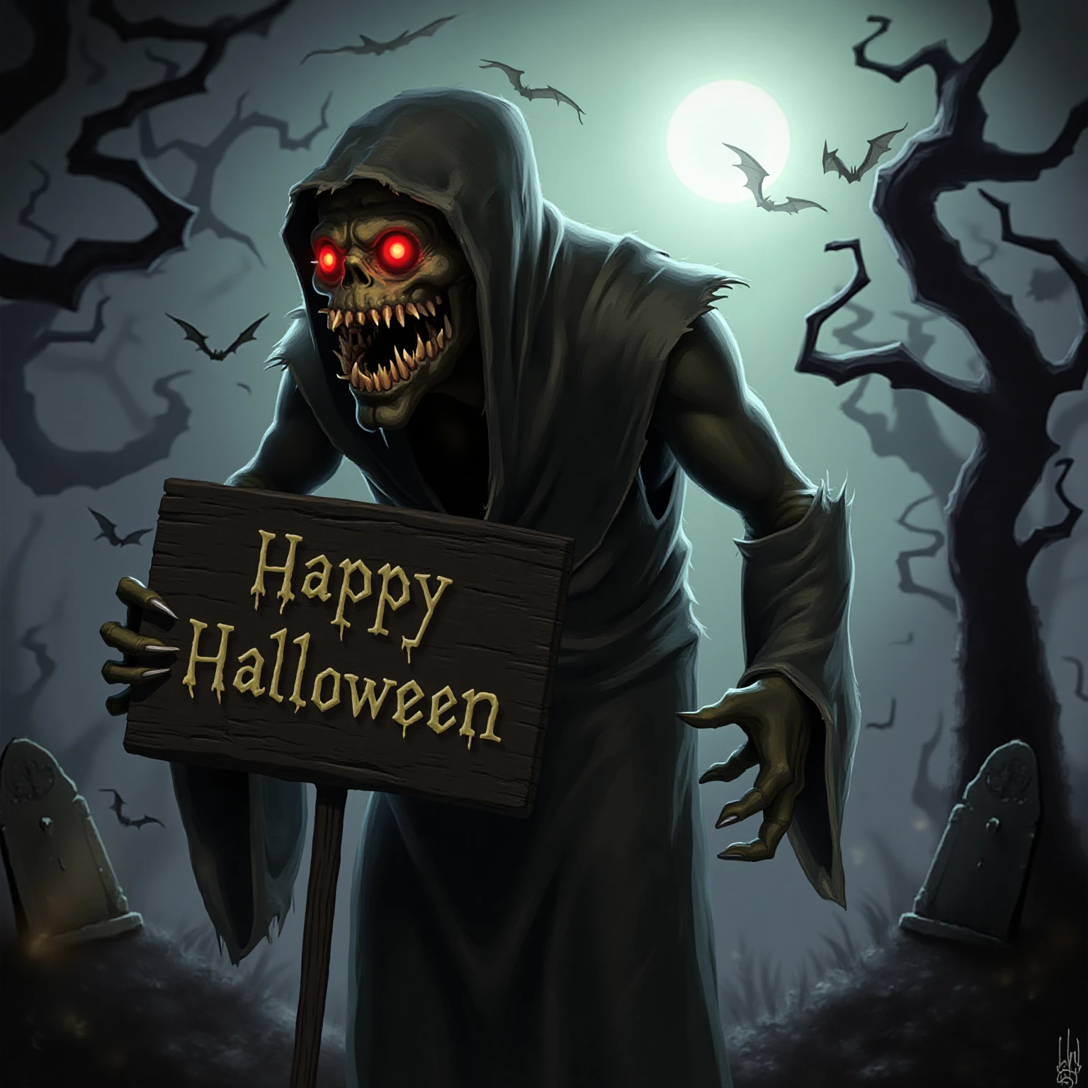 A creepy, ghostly figure dressed in tattered, dark robes stands in a foggy graveyard. The figure has glowing red eyes and a sinister grin. In its bony hands, it holds a weathered wooden sign with the text "Happy Halloween" written in eerie, dripping letters. The background features tombstones, twisted trees, and a full moon casting an eerie glow over the scene. Bats fly overhead, and the atmosphere is filled with a chilling, supernatural vibe.

