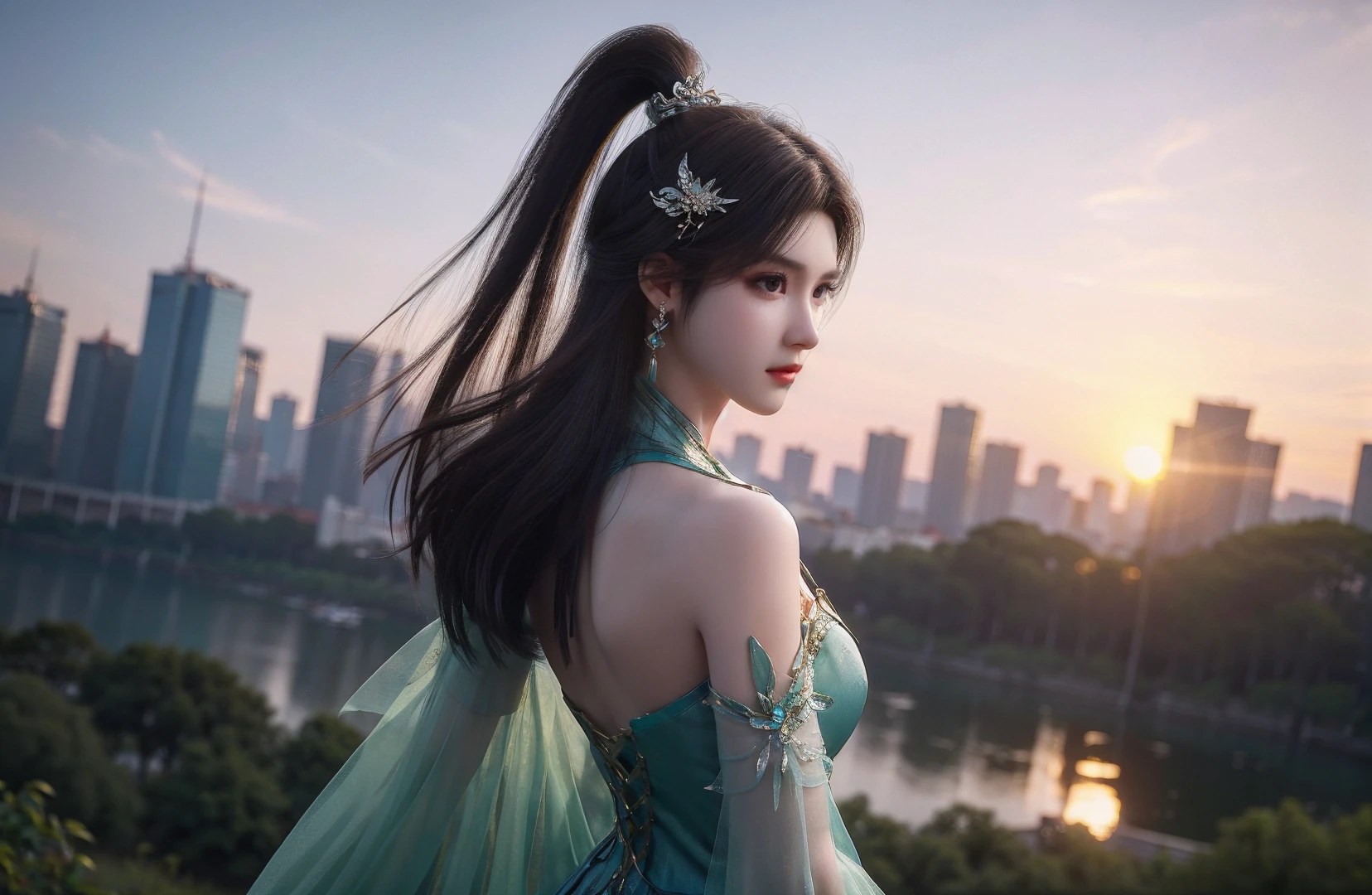 1girl,solo,long hair,ponytail,brown hair,earrings,jewelry,hair ornament,dress,green dress,looking back,outdoors,(sunset),china street,from_side,blurry,comic,Highly detailed,(ultra-detailed),(best quality,masterpiece:1.5),<lora:xuner:0.6>,