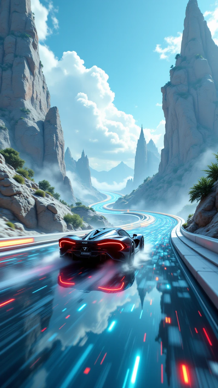 A futuristic car race on a track that loops through floating islands in the sky.   , aidmafluxpro1.1