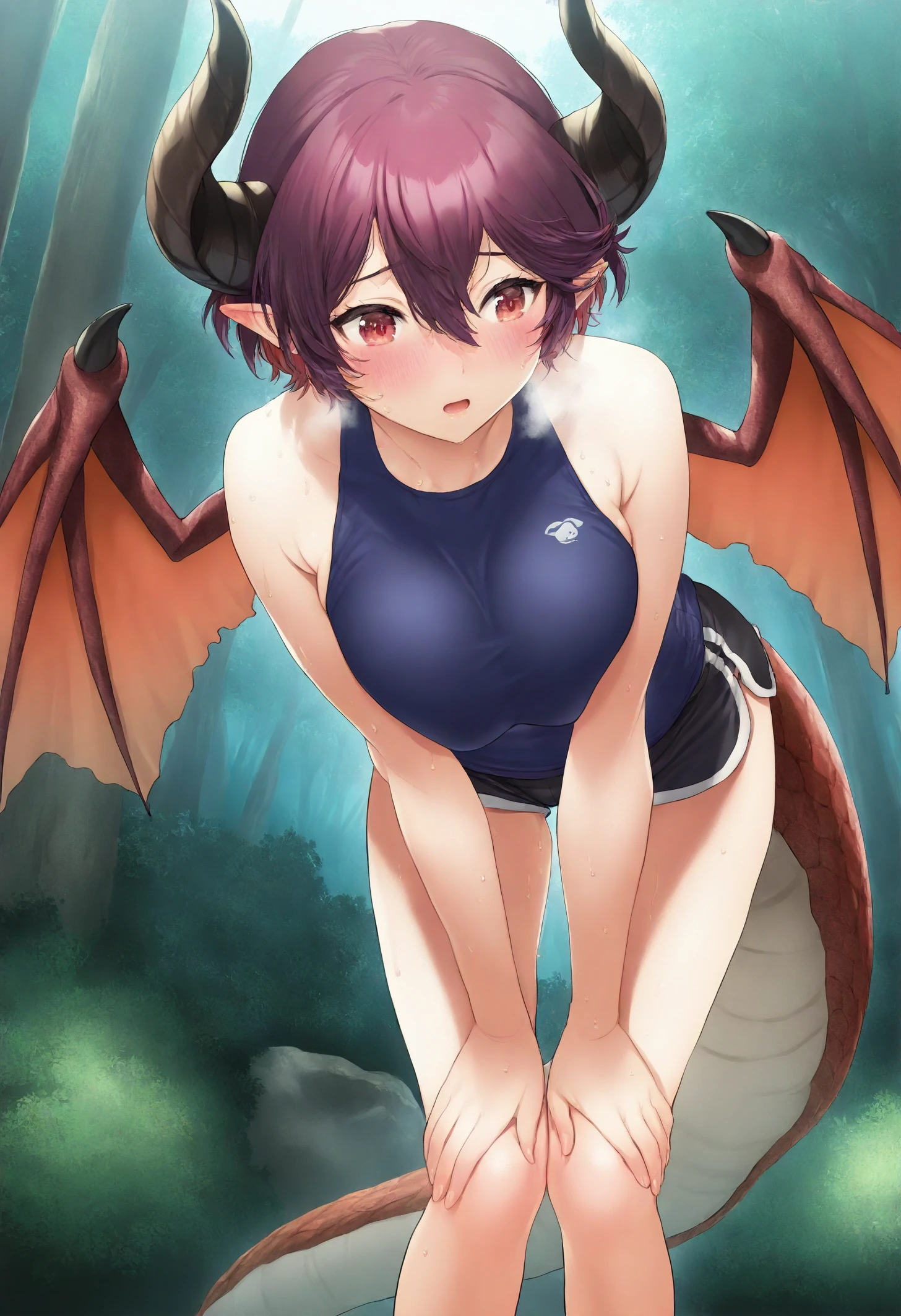 yanyo \(ogino atsuki\), (kase daiki:0.8), masterpiece, best quality, 1girl, grea, dragon tail, short hair, red hair, Leaning forward, hands on knees, dark blue tankini, dolphin shorts, breasts squeezed together, sweat, blush, breath, nature, (squatting:0.3), (open mouth:0.7), feet out of frame, <lora:Grea_v3_Illustrious_0-1:1>