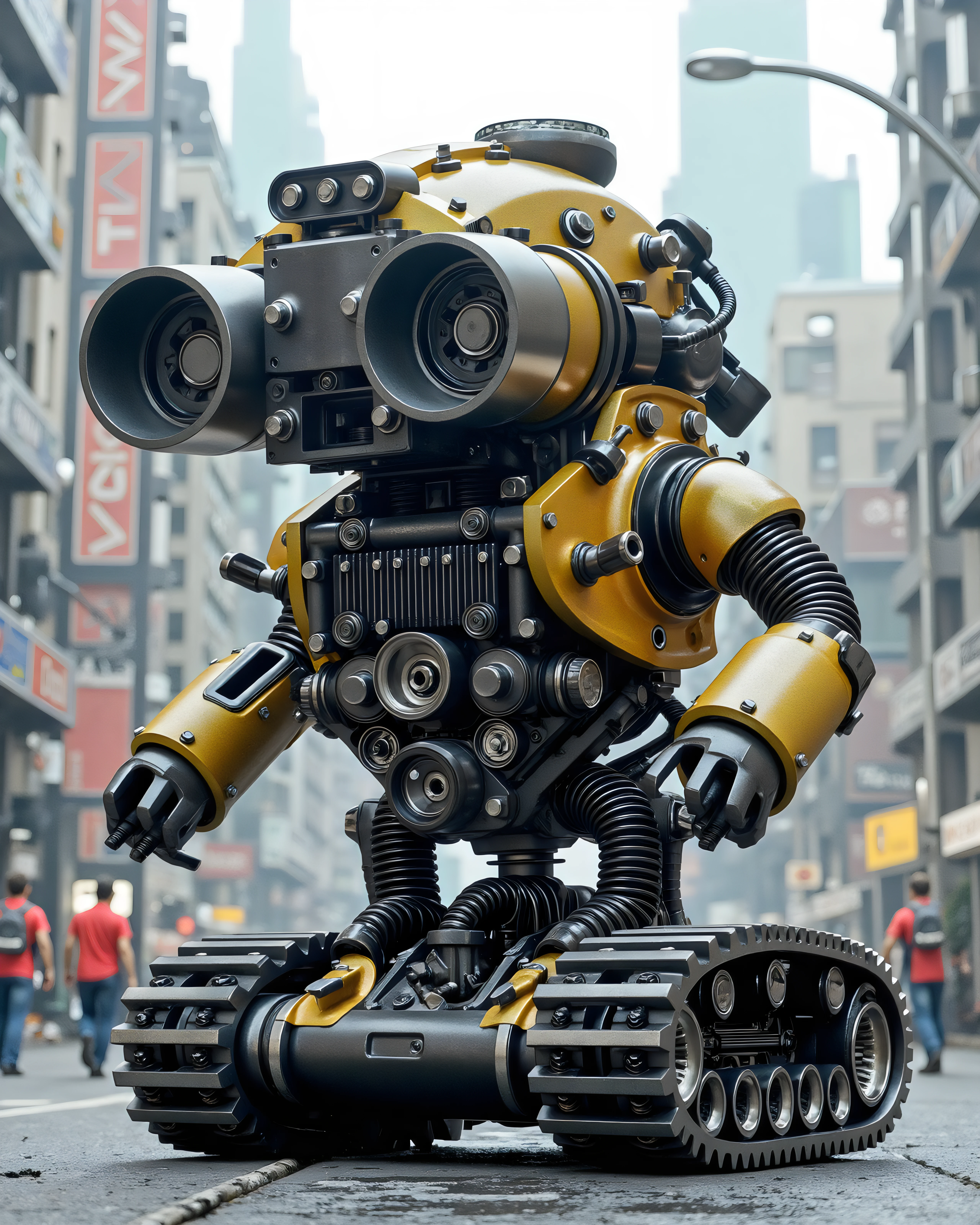 a robot built on tank treads equipped with weapons parked in a major city with a big engine built in, vr00m