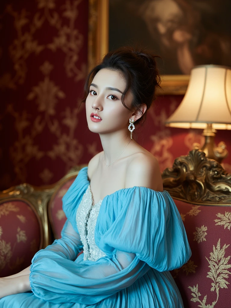 SZE, 
a surreal, luxurious image of a woman sitting elegantly on a lavish, baroque-style couch with ornate golden carvings. She is dressed in a flowing, light blue off-shoulder dress with delicate lace details that catch the soft ambient light. Her brown hair is styled in soft, loose curls, framing her pale, ethereal face. The room around her is richly decorated, with heavy velvet curtains in a deep crimson hue and walls adorned with intricate, golden floral patterns. A vintage lamp casts a warm glow, contrasting with the cool blue light that illuminates her. The scene has a cinematic, dreamlike quality, with subtle hints of abstraction—the colors appear rich and saturated, giving the room an almost otherworldly atmosphere. In the background, a mysterious, shadowy painting hangs on the wall, adding a sense of intrigue. 