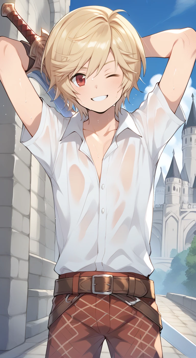 1boy,solo,male focus,arthur(granblue),blonde hair,red eyes,collared shirt,collarbone,smile,belt,pants,tartan pants,castle,outdoor,sword,holding sword,sweaty,arms behind head,one eye closed