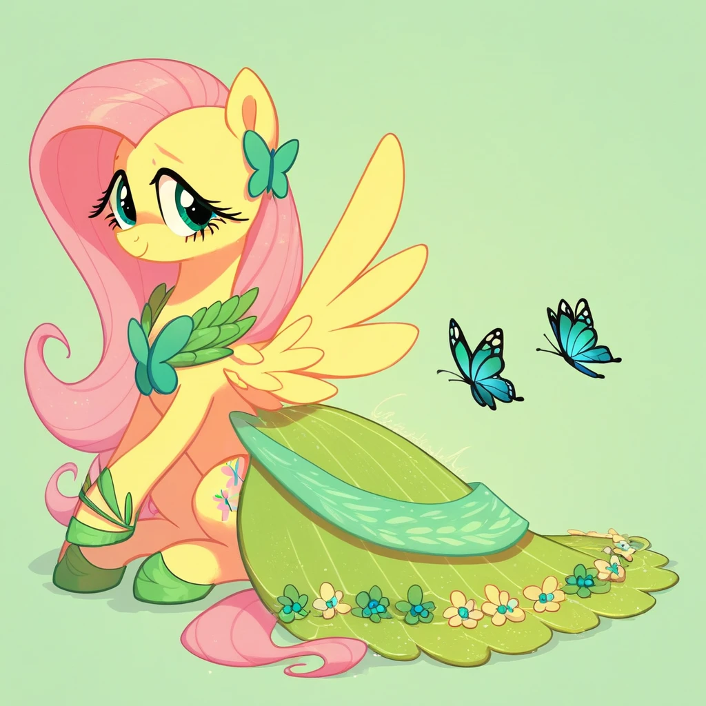 score_9, score_8_up, score_7_up, score_6_up, source_pony, masterpiece, best quality, high quality, absurd resolution, 1girl, mare, Fluttershy, quadrupedal, pegasus, pony, Galashy, Gala-dress, butterfly-hairclip, greendress, green-hoofshoes, sitting, timid expression, wings extended