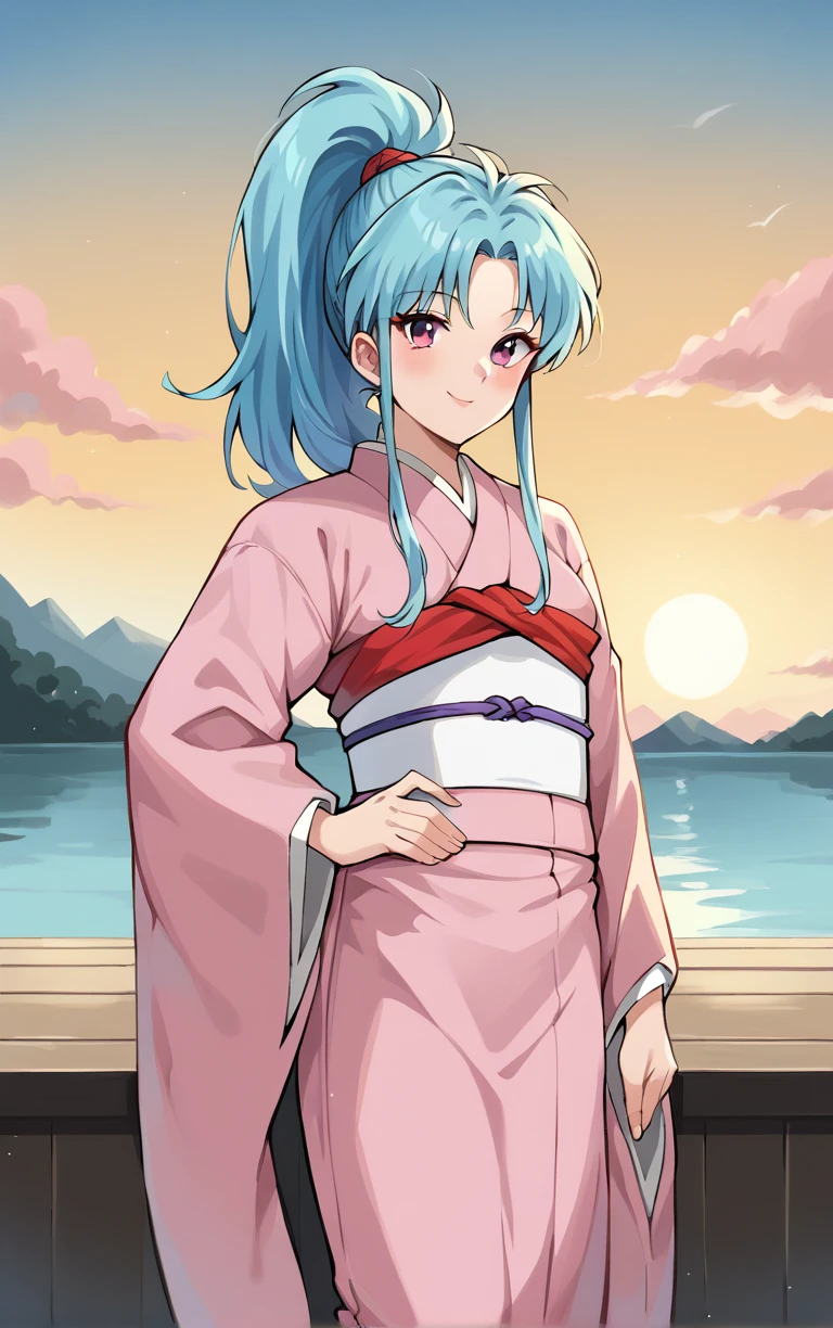 score_9, score_8_up, score_7_up, looking at viewer,  BREAK
MainOutfit_Botan_ownwaifu, 
1girl, aqua hair, blue hair, high ponytail, pink eyes, spiked hair, long hair, sidelocks, bangs, parted bangs, colored skin
pink kimono, sleeves past wrists, japanese clothes, obi, sash, long sleeves, tabi, wide sleeves, sleeves past fingers,
(contrapposto, hand on hip), sunset, sidelighting, cityscape, outdoors, <lora:PONYXL_YuYuHakusho_Botan_ownwaifu:1> , depth of field, solo,