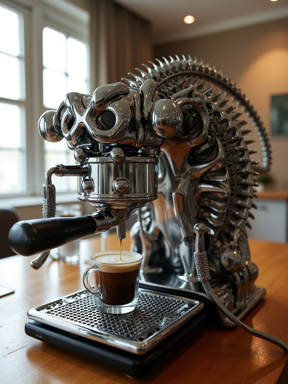 flowsliverexoskeleton,a Futurist coffee machine working on table,which is large and aggressive