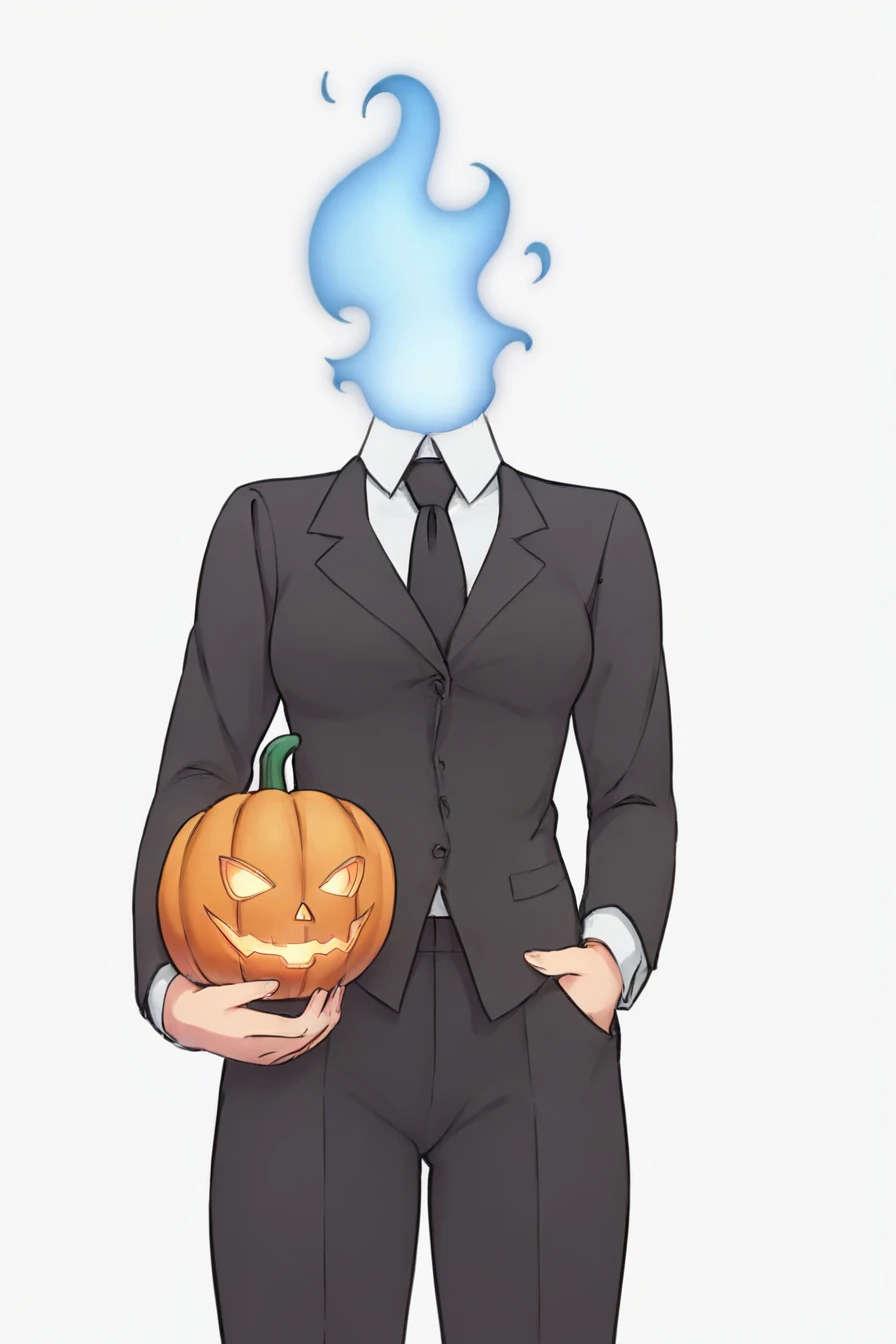 score_9, score_8_up, score_7_up, score_6_up, score_5_up, score_4_up,  black necktie, black pants, business suit, formal, long sleeves, necktie, pants, 1girl, alone, <lora:character_dullahan:1>,  fire on neck, blue fire, headless,Jack-o'-lantern,  holding Jack-o'-lantern, holding detached Jack-o'-lantern, masterpiece, highres, highly detailed face, white background, simple background