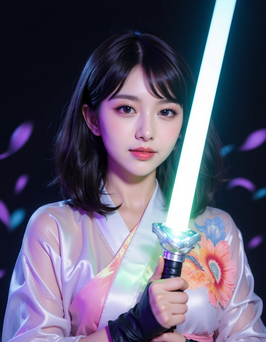 SuchSkin, deblur,

SuchHorriGirl. A young woman with shoulder-length wavy black hair is shown from the torso up, holding a glowing katana in front of her. She is wearing a traditional kimono that is white with iridescent, vibrant floral patterns in shades of pink, orange, blue, and green. The katana has a glowing, rainbow-colored blade, with the hilt held firmly in both her hands. Her right hand, visible and ungloved, grips the handle near the bottom, while her left hand, wearing a black glove, is placed near the guard. Her expression is calm, her gaze lowered. The kimono drapes softly over her form, and colorful, ethereal flowers seem to emerge from the fabric. The background is dark and minimal, which contrasts sharply with the vibrant light coming from the sword and the glowing floral patterns on her clothing. The lighting emphasizes the soft glow of the sword and flowers, creating a magical, serene atmosphere. The perspective is a close-up shot focusing on the upper half of her body, highlighting the intricate details of her kimono and the vibrant, colorful light effects.  