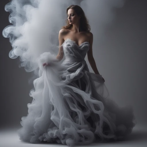 create an image is of a woman wearing a dress made of grey smoke cloth. the cloth has the texture and apearance of thick smoke shaped like cloth