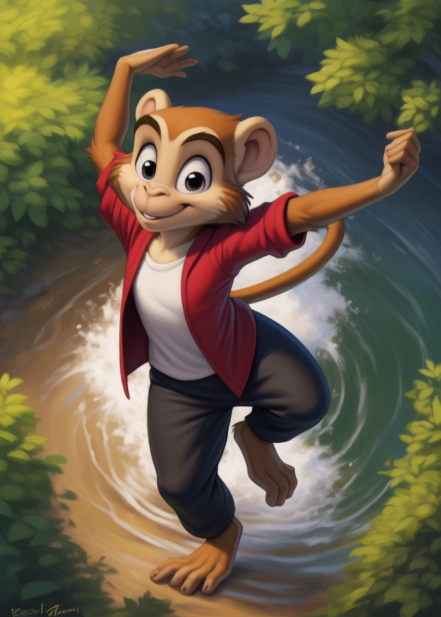 <lora:MrNilPipLonYif:0.8>  MrNilPipLon, monkey, white t-shirt, red jacket, black pants, ( chibi, small body,)
Looks at the viewer, [ solo, nature, forest, day, clouds, waterfall, nude, naced,] ((dancing , high-angle view,))
beautiful, aesthetic, perfect, delicate, intricate, saturated colors, masterpiece, digital drawing, best quality,  
[by personalami], by smitty g, [[[by Foxovh]]], [[by Ross Tran]]