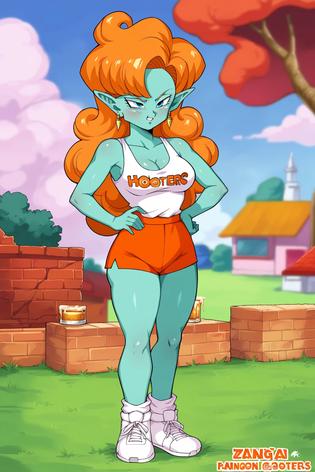 score_9, score_8_up, score_7_up, score_6_up, score_5_up, score_4_up, masterpiece, high quality, BREAK, full body, BREAK, 1girl,   <lora:Zangya:0.8> zangya (dragon ball), orange hair, blue skin, <lora:HooterOutfit:0.9> hooters logo, short shorts, orange shorts, booty shorts, breasts, owl logo,