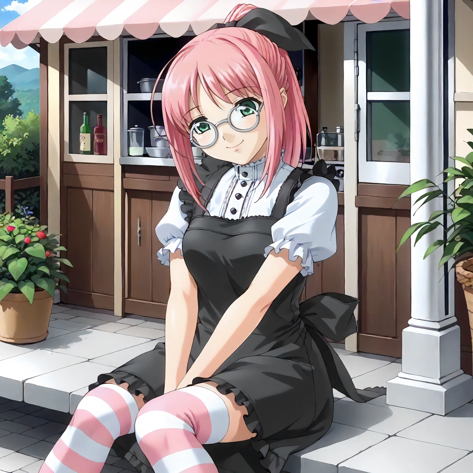 <lora:AtB_LurisHanamaruXLpony001>,
outdoors,
smile,
solo,
LurisHanamaru,1girl,pink hair,ponytail,hairbow,green eyes,eyewear,
apron dress,black apron,short_sleeves,
striped socks,
sitting,