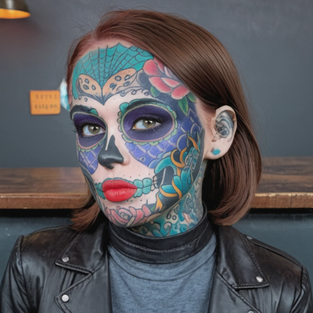 a woman with sugarskullfacetattoo in an bar  <lora:sugarskullfacetattoo_SDXL:1> wearing a leather jacket