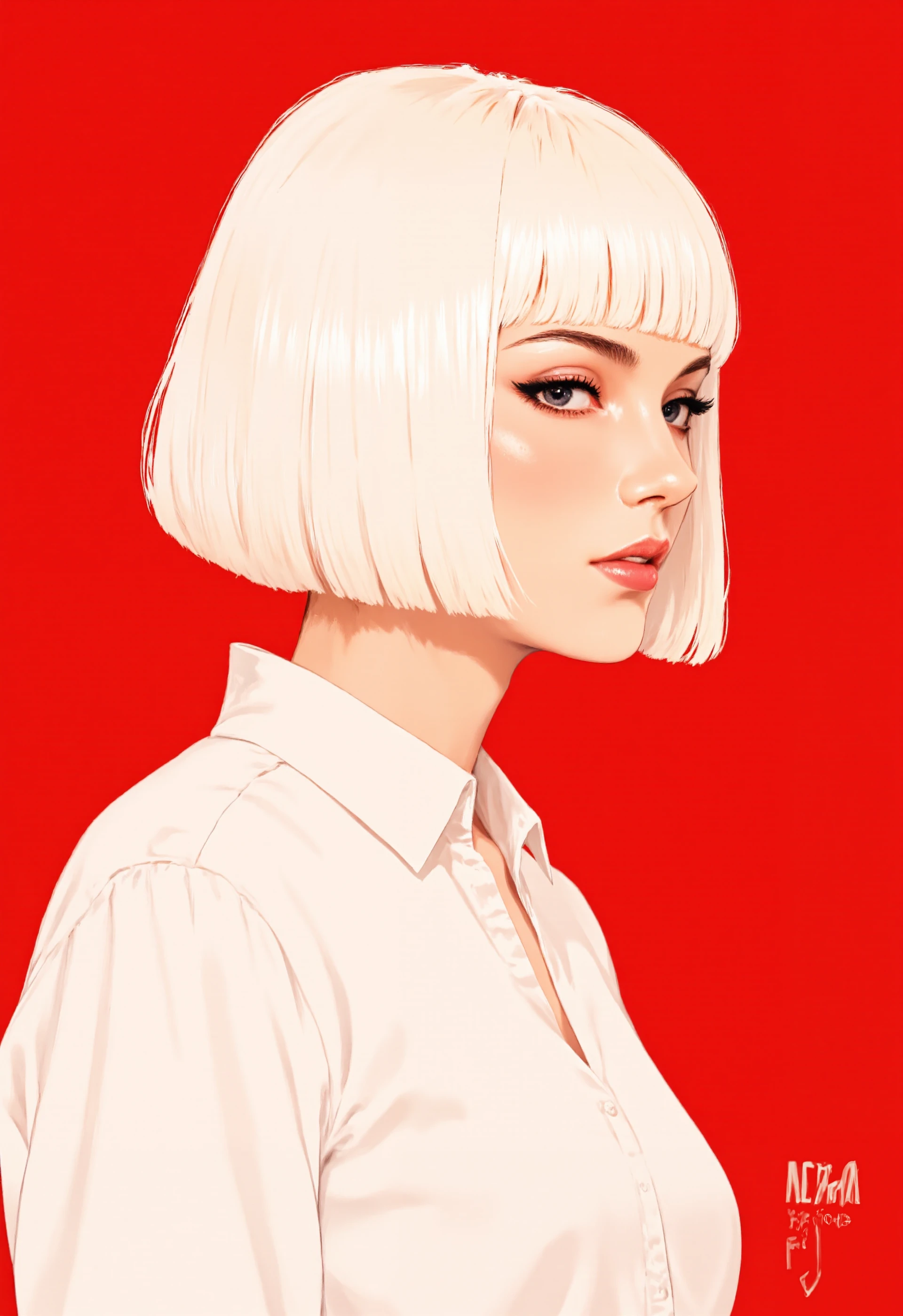 typographic art "NEPOTISM" in lettering that blends with the rest of the composition; A minimalist illustration of a young woman with straight, pale white hair, cut into a blunt bob. She is shown in profile, wearing a crisp white blouse that contrasts against a rich red background. Her expression is poised, with her eyes subtly highlighted by soft shadows, while her skin is smooth and flawless. The overall composition is simple yet striking, emphasizing the clean, graphic lines and bold color contrasts. The style of this artwork takes inspiration from the smooth, refined visual language of Yoshitaka Amano, with sharp lines and an elegant, minimalist approach to detail.