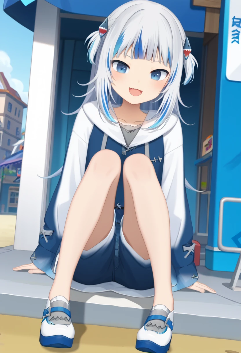 score_9,score_8_up, BREAK source_anime, masterpiece, anime screencap, 1girl, solo, gawr gura, virtual youtuber, blue eyes, shark hair ornament, multicolored hair, blue hair, smile, two side up, grey hair, looking at viewer, hair ornament, looking at viewer, open mouth, full body