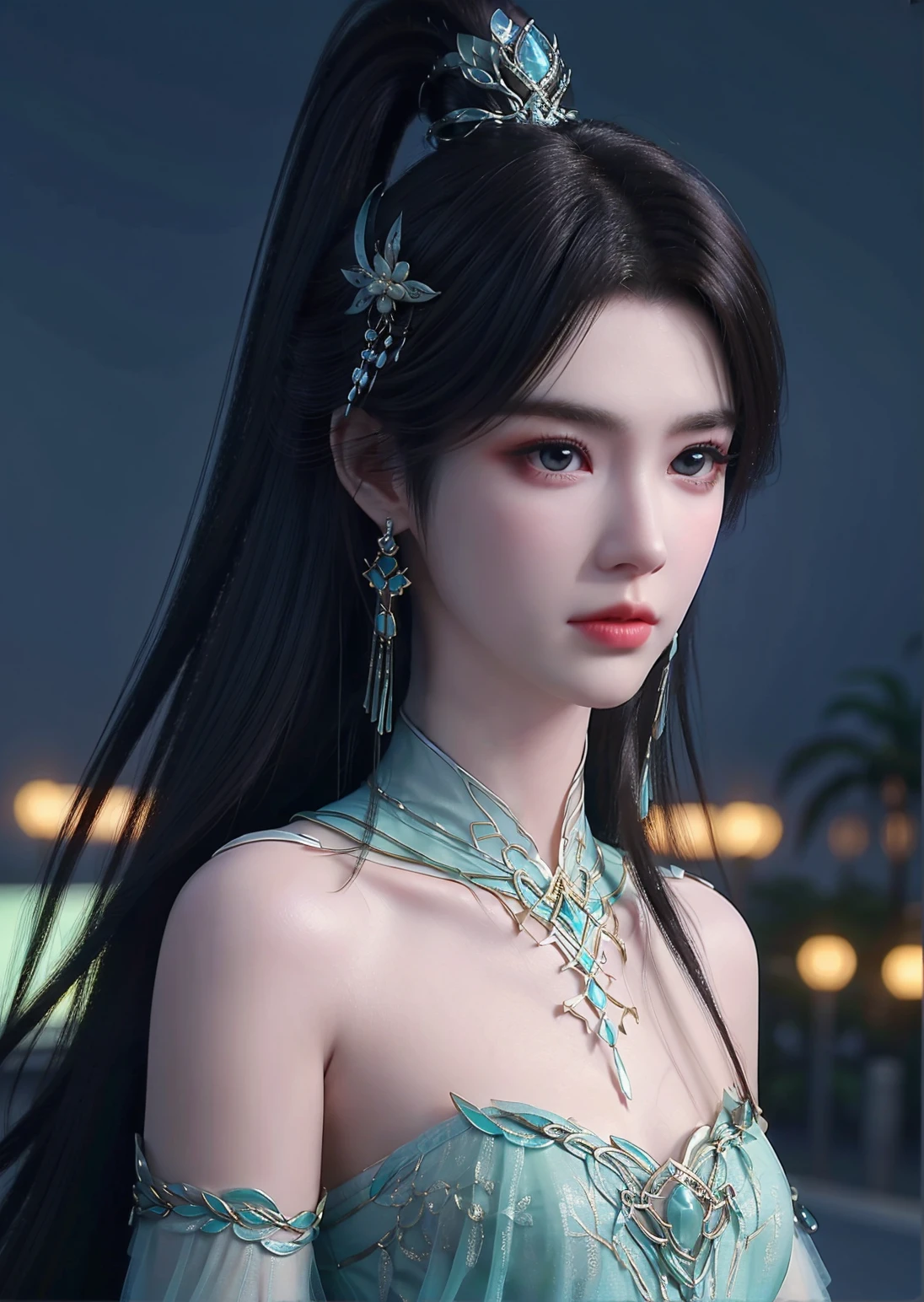 1girl,solo,long hair,ponytail,earrings,jewelry,hair ornament,dress,green dress,outdoors,((night)),city lights,neon trim,from_side,((close-up)),((blurry)),depth of field,simple background,comic,Highly detailed,(ultra-detailed),(best quality,masterpiece:1.5),<lora:xuner:0.65>,