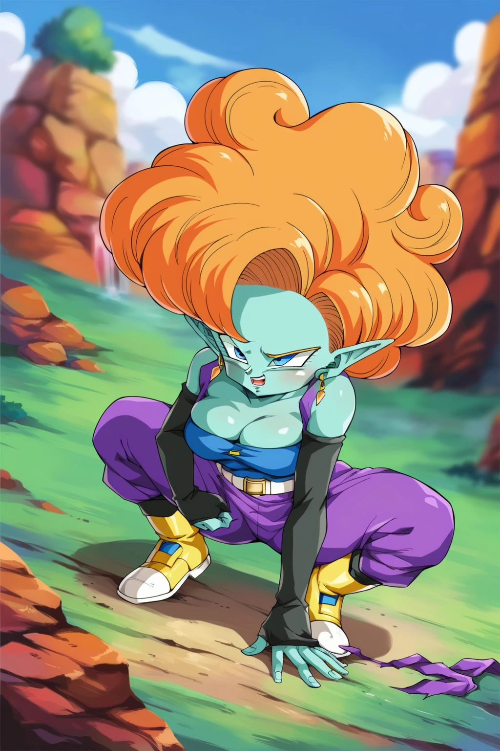 score_9, score_8_up, score_7_up, score_6_up, score_5_up, score_4_up, masterpiece, high quality, BREAK, full body, BREAK, 1girl,   <lora:Zangya:0.8> zangya (dragon ball), orange hair, blue skin,