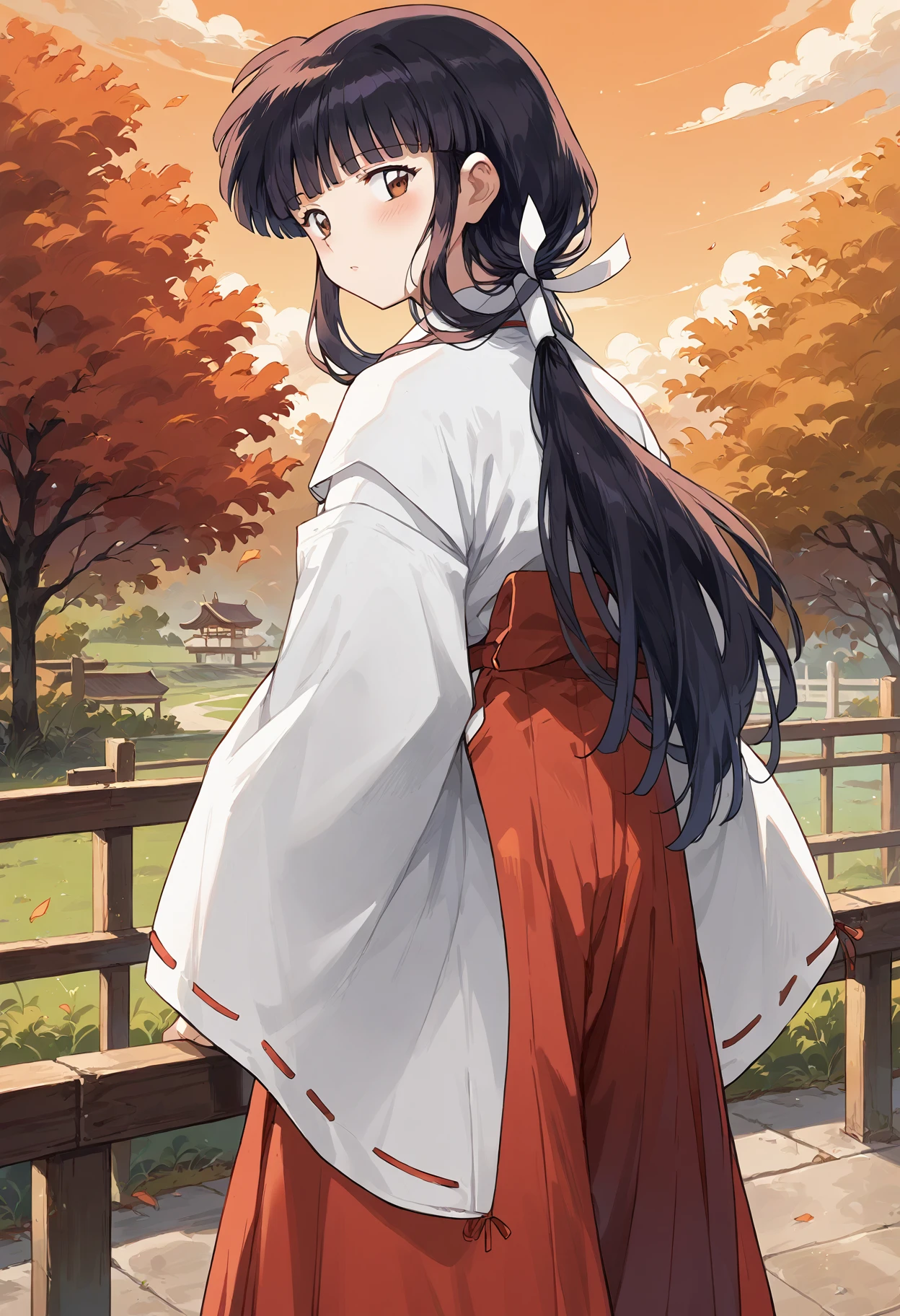 score_9, score_8_up, score_7_up, , score_ANIME, <lora:kikyo_inuyasha_pony:1>kikyoinu, miko, 1girl, japanese clothes, solo, , black hair, red hakama, brown eyes, wide sleeves, hair ribbon, long hair, blunt bangs, sidelocks, long sleeves, standing, looking back,  from behind, low ponytail,  orange sky,  sunset, maple leaf,  cowboy shot,    maple tree,  fence,