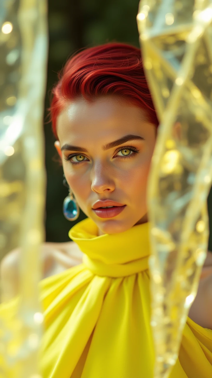 A woman with Undercut, handsome Ruby hair and piercing green eyes gazes out from behind a Torus of crystal. She wears a Meek DayGlo yellow Formal gown that billows in the Unattractive breeze,   , aidmafluxpro1.1