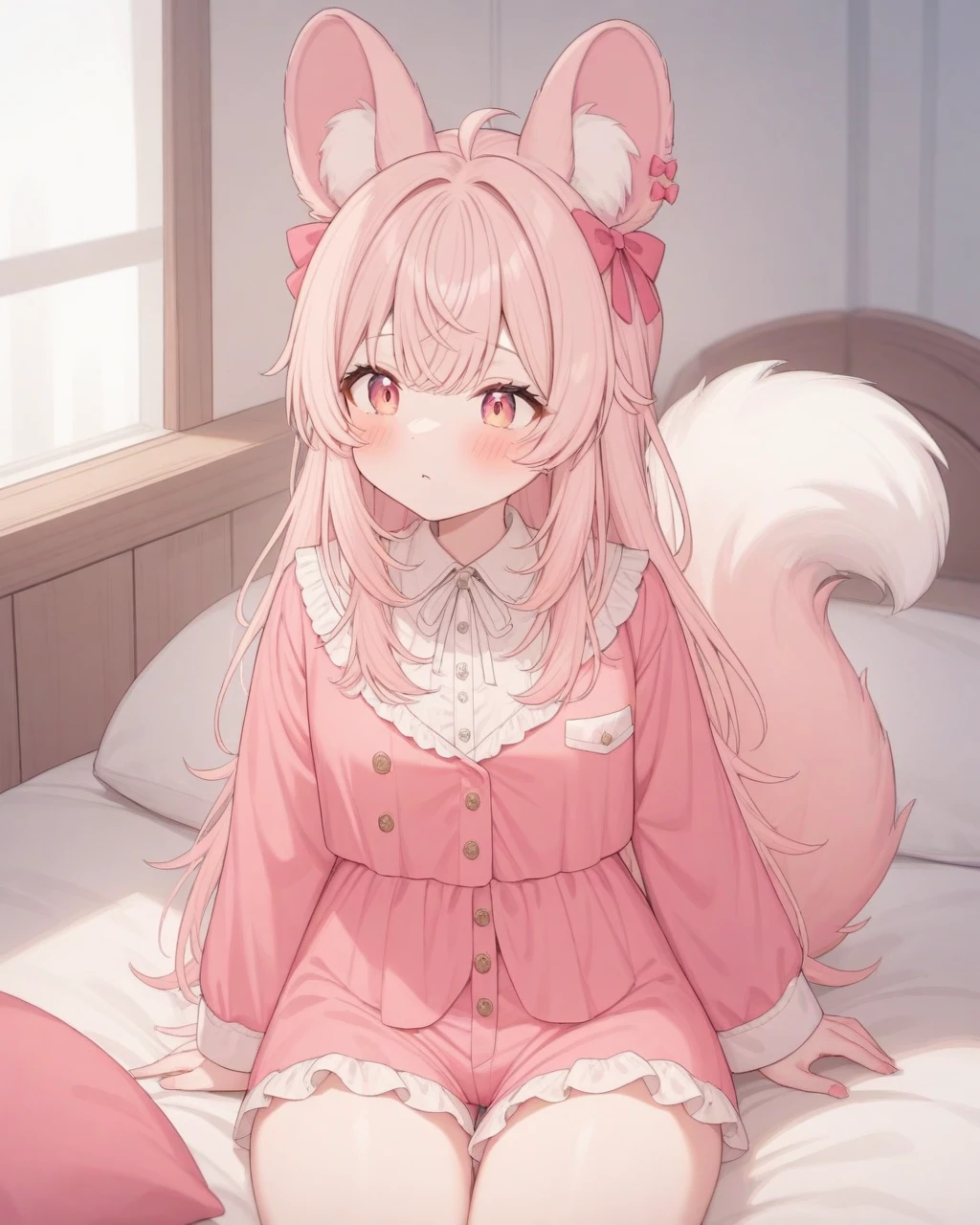 pipchilla, animal ears, bow, buttons, frills, long hair, pink bow, pink hair, shirt, solo, 
(solo), best quality, shading, tail, tail raised, sitting, indoors, bed, 
, full body, (pajamas)
 <lora:PIPCHILLA-XL-t1:0.6>, masterpiece, best quality, very aesthetic, absurdres