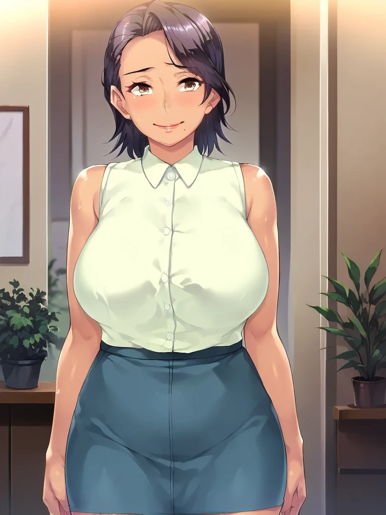 score_9, score_8_up, score_7_up, 
1girl, 

tsukamodo misako, mature female, brown eyes, black hair, medium hair, asymmetrical bangs, large breasts,

standing, indoors, wide-eyed, nervous, smile, looking at viewer,

collared shirt, sleeveless, tight skirt, 