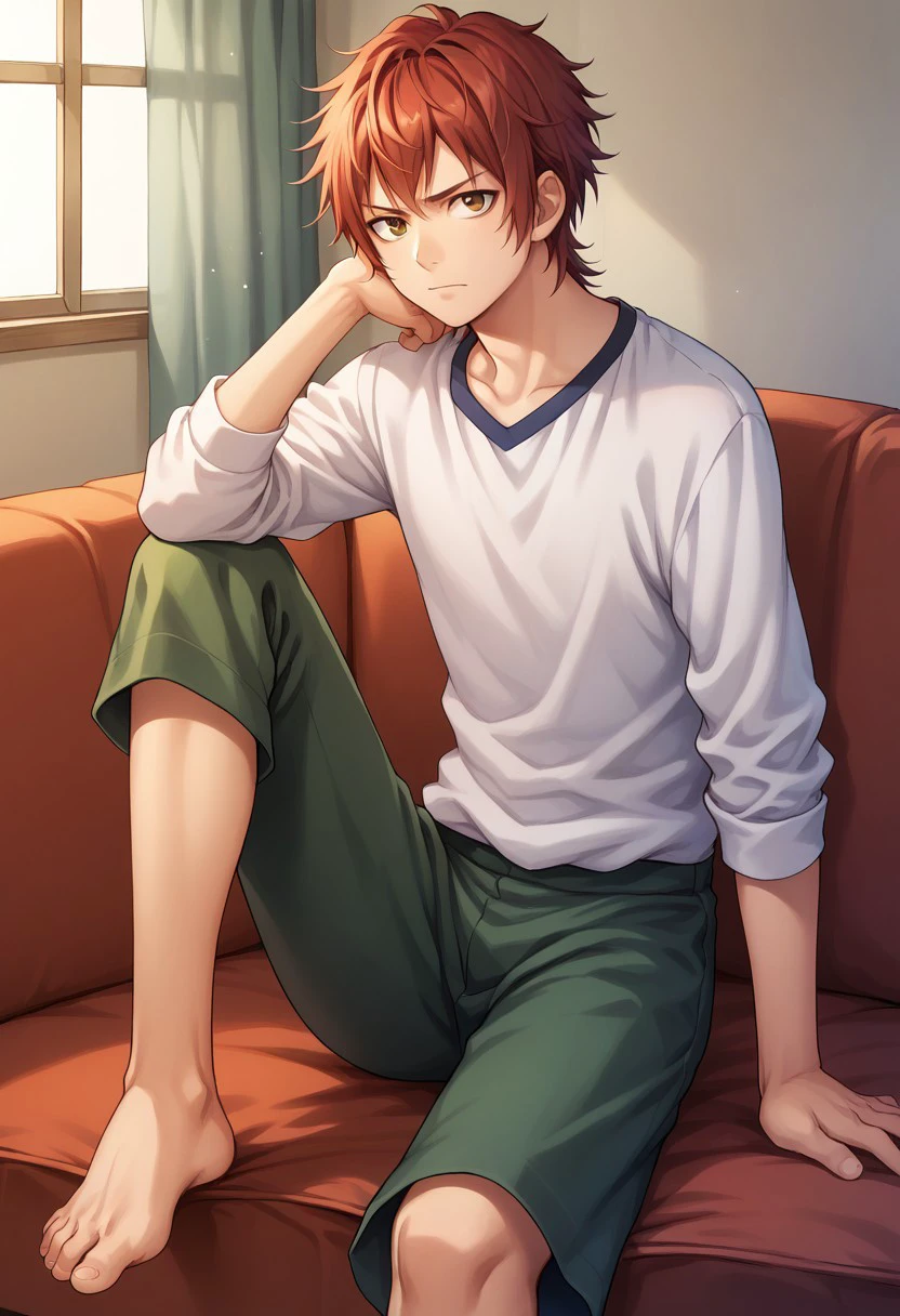 score_9, score_8_up, score_7_up, source_anime, highly detailed, 

misaki, 1boy, male focus, solo, red hair, brown eyes, shirt, white shirt, pants, shorts, green pants, barefoot,
indoor, couch, sit, 