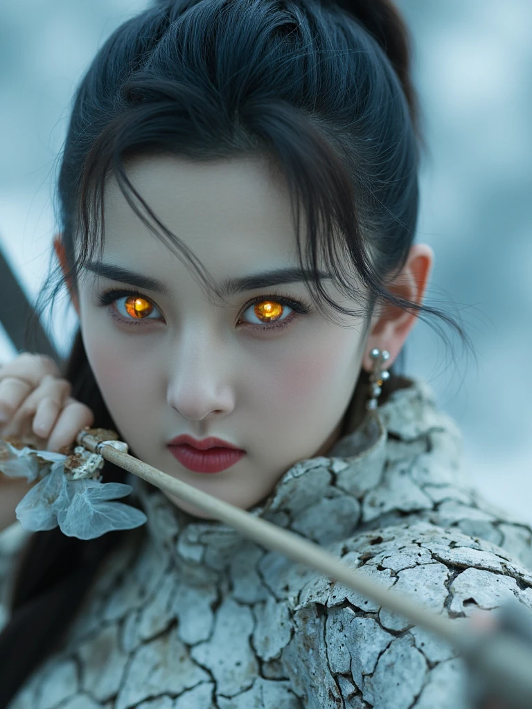 SZE, 
(in Krenz Cushart style:1.2), high-quality, masterpiece, A phantom archer, her face locked in a fierce determined expression, with her glowing eyes piercing through the mist, The camera is positioned in a tight close-up capturing her intense gaze as she draws back a shimmering spectral arrow, her translucent hands steady on the bowstring, Her cracked stone armor and flowing mist ripple across her face, the swirling fog creates an eerie glow around her, In the background spectral trees and drifting souls are blurred creating an ominous otherworldly depth, high contrast, dramatic close-up, motion blur, eerie lighting, cinematic shot, (elaborate fine details:1.1), (elaborately detailed attire with extraordinary elements:1.1), (hyperdetailed:1.1), (intricate details:1.0), (Refined details:1.1), (best quality:1.1), (high resolution:1.2)