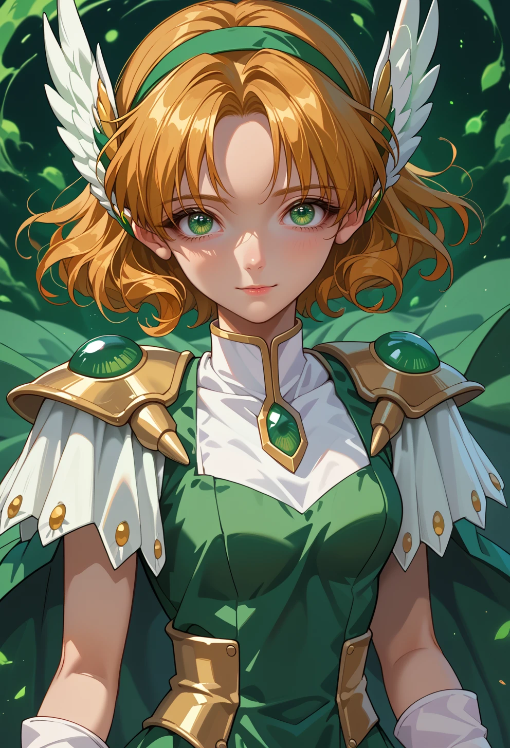 score_9, score_7_up, source_anime, solo, BREAK <lora:AEFuu-000009:0.9> 
AEFuuFinal, armored dress, green cape, elbow gloves, gem, green dress, green gemstone, hair ornament, head wings, pauldrons, sleeveless, white footwear, white gloves, wing hair ornament, 
light smile,