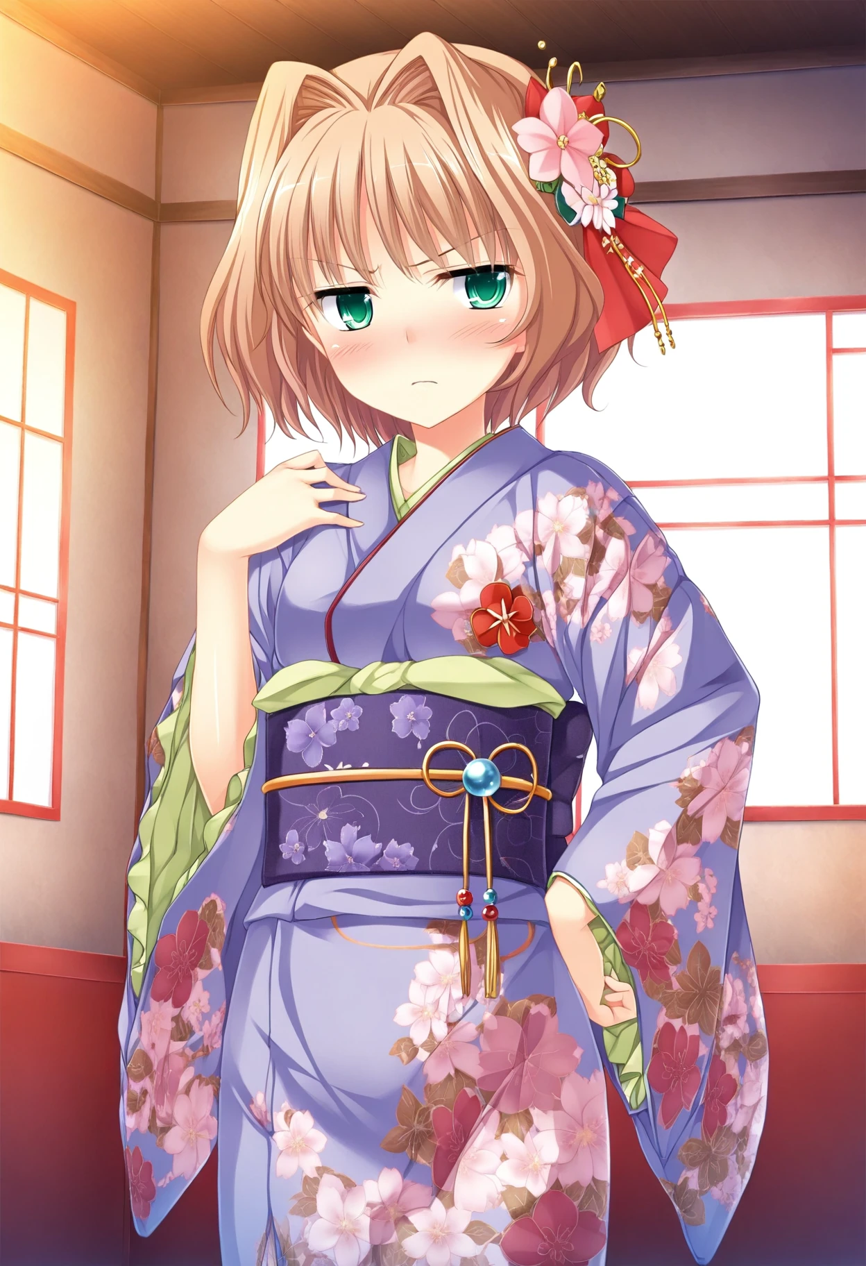 1girl, keifa, blush, brown hair, floral print, flower, green eyes, hair flower, hair ornament, hand on own hip, japanese clothes, kimono, obi, sash, short hair, solo, window, masterpiece, high quality, <lora:char-keifa>