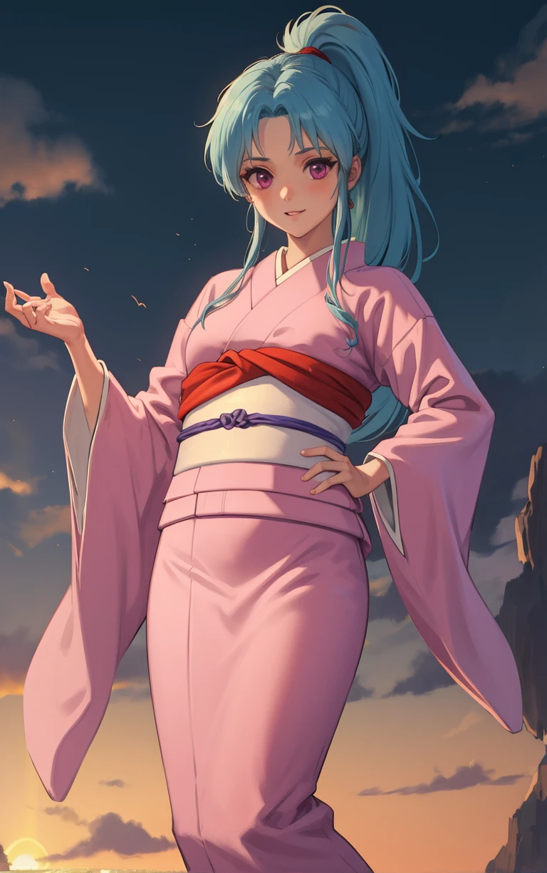 (masterpiece, best quality:1.4), insaneres, absurdres, solo, looking at viewer,BREAK 
MainOutfit_Botan_ownwaifu,    
1girl, aqua hair, blue hair, high ponytail, pink eyes, spiked hair, long hair, sidelocks, bangs, parted bangs, colored skin
pink kimono, sleeves past wrists, japanese clothes, obi, sash, long sleeves, tabi, wide sleeves, sleeves past fingers,
(contrapposto, hand on hip), sunset, sidelighting, cityscape, outdoors, <lora:ANIME_YuYuHakusho_Botan_ownwaifu:1> , depth of field, solo,