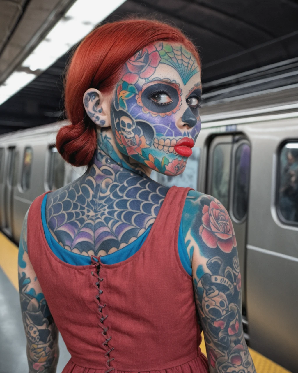 a woman with sugarskullfacetattoo in the subway <lora:sugarskullfacetattoo_SDXL:1>[[wearing   a red dress]]