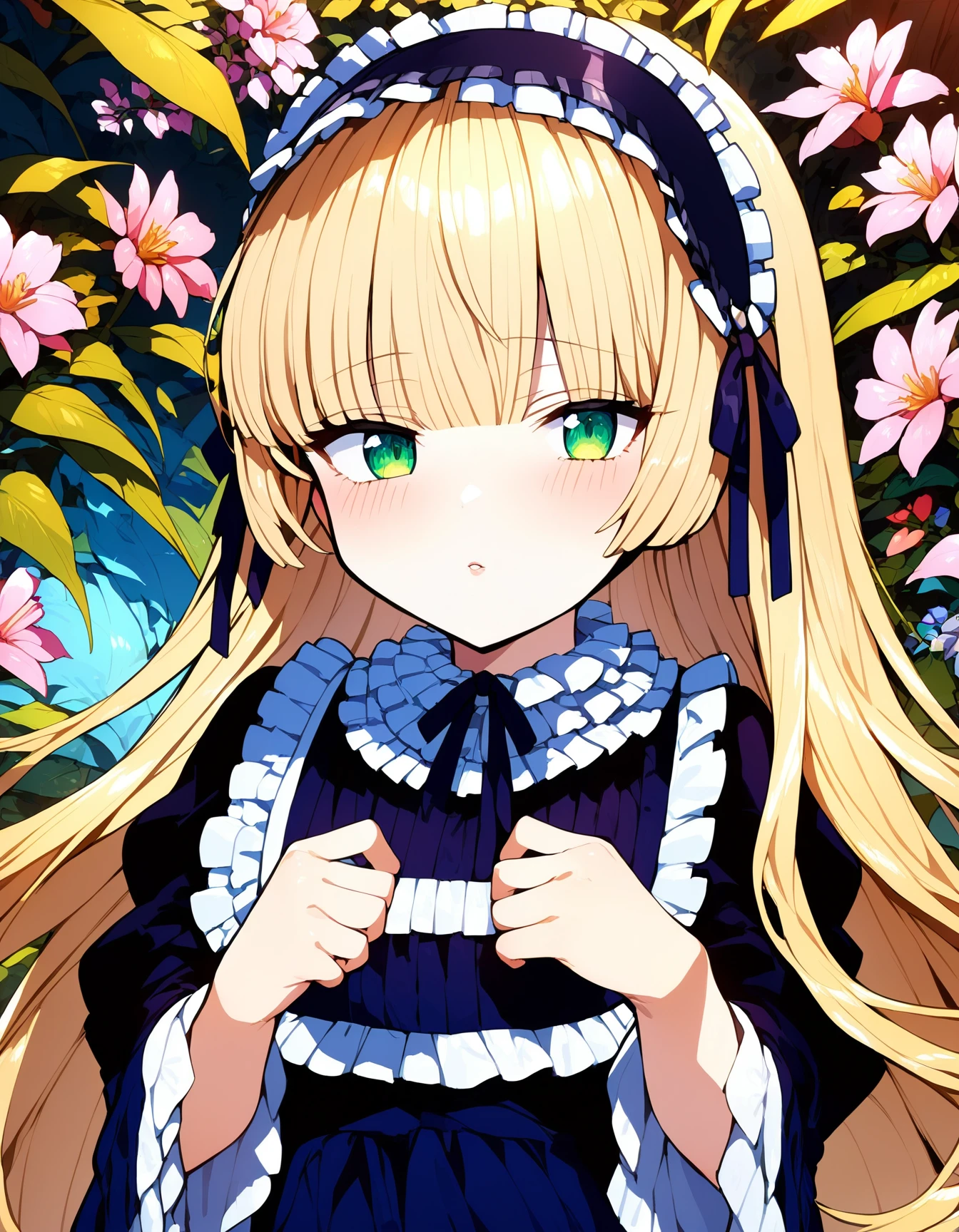 <lora:victoriquepony:1>score_9, score_8_up, score_7_up, score_6_up,1girl, bangs, black dress, black ribbon, blonde hair, blush, flower, frills, green eyes, hairband, hime cut, long hair, long sleeves, parted lips, pink flower, solo, very long hair, victorique, wide sleeves <lora:quality1:1> <lora:DetailedEyes_V3:0.9> <lora:GoodHands-vanilla:0.9>