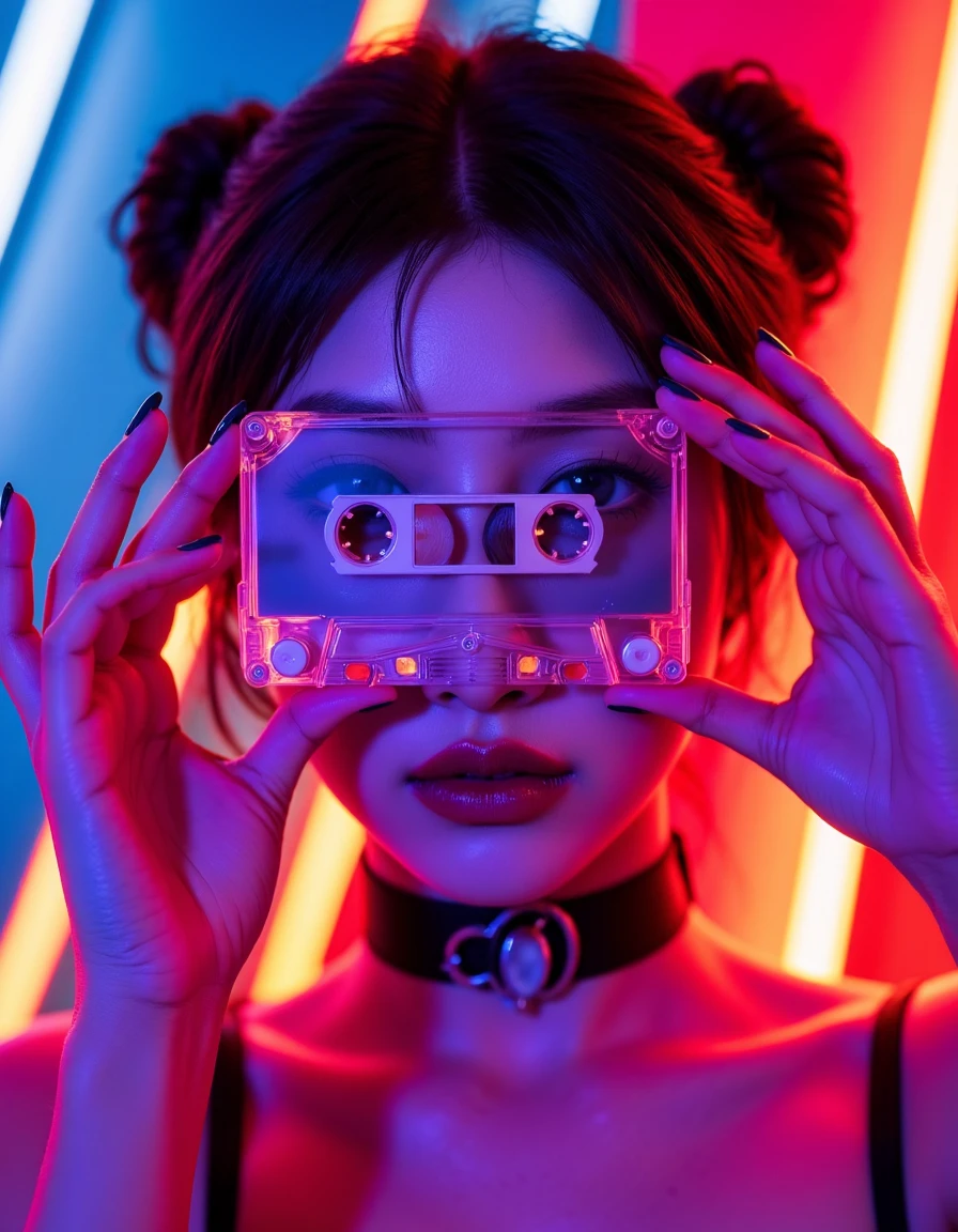 SuchSkin, deblur,

A close-up of a woman holding a transparent cassette tape in front of her face. The cassette is positioned perfectly in the center, directly in front of her eyes, obscuring her facial features. Her nails are painted dark blue, and she is gripping the edges of the cassette with both hands. The womanâs lips are painted dark, and she is wearing a black choker with a silver ring in the center. Her hair is styled into short black pigtails, with some strands falling over her forehead. The lighting is vibrant and neon, casting shades of red, blue, and purple across her face, hands, and the cassette tape. The background is a mix of abstract neon lights, featuring bold and glowing red and blue lines, creating a dynamic, futuristic atmosphere.  <lora:FLUX-daubrez-DB4RZ:0.8> DB4RZ, DB4RZ style painting,  <lora:ILLUSTRATION_2_FLUX v2:0.53>