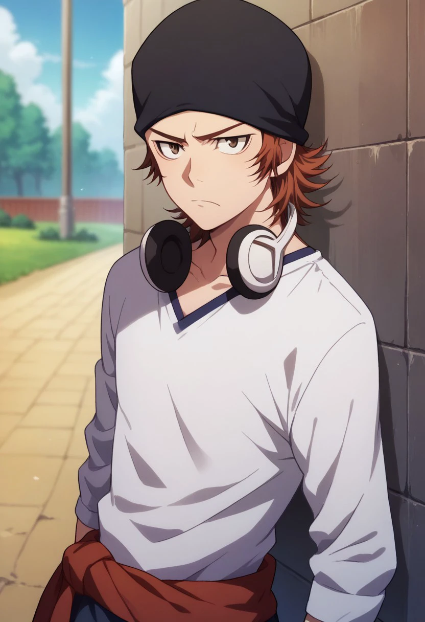 score_9, score_8_up, score_7_up, source_anime, highly detailed, 

misaki, 1boy, male focus, solo, red hair, brown eyes, hat, beanie, black headwear, headphones, headphones around neck, shirt, white shirt, clothes around waist, sweater around waist, upper body, frown,

outdoor, 