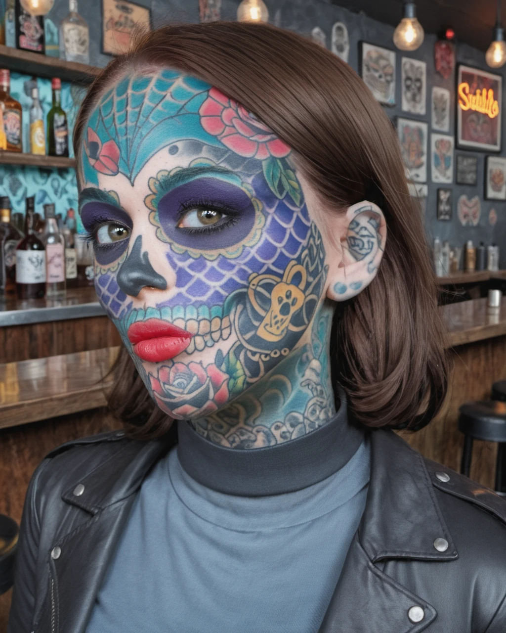 a woman with sugarskullfacetattoo in an bar  <lora:sugarskullfacetattoo_SDXL:1> wearing a leather jacket