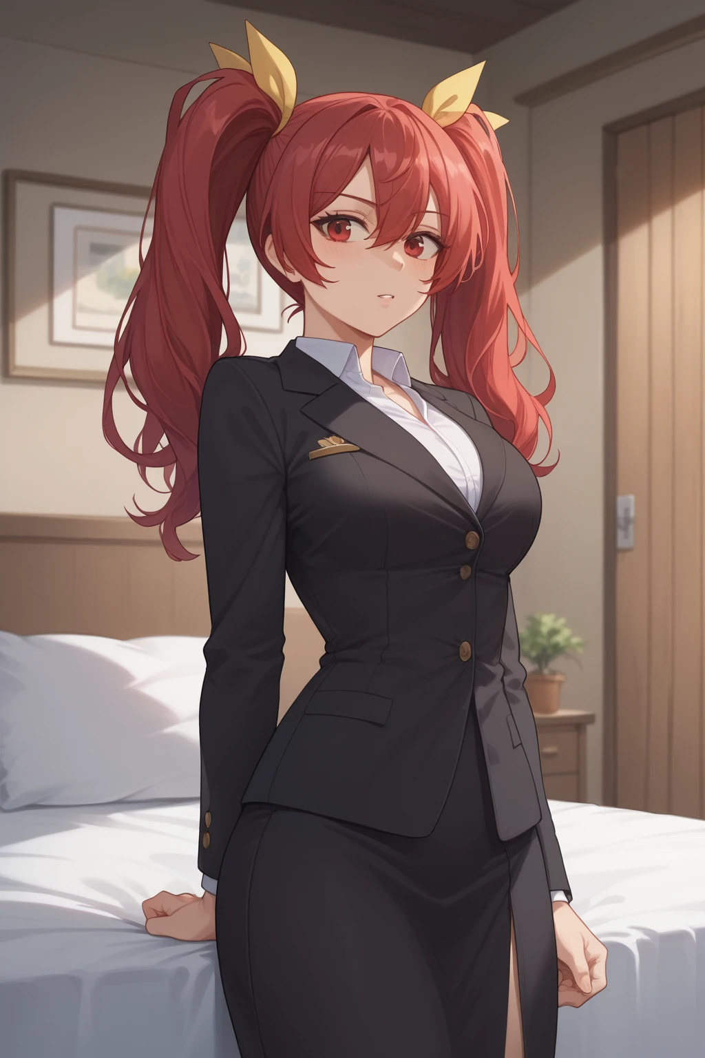 score_9, score_8_up, score_7_up, score_6_up, score_5_up, score_4_up, masterpiece, high quality, BREAK, full body, BREAK, 1girl, BREAK, <lora:Stella Vermillion:0.8> red hair, twin tails, yellow hairpieces, red eyes, large breasts,