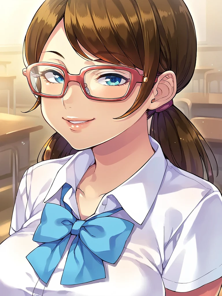 score_9, score_8_up, score_7_up, 
1girl, shirasaki ayano, blue eyes, brown hair, swept bangs, low twintails, huge breasts, glasses,

standing, classroom, smile, looking at viewer,

school uniform, white shirt, short sleeves, bowtie, close-up, narrowed eyes, parted lips, 