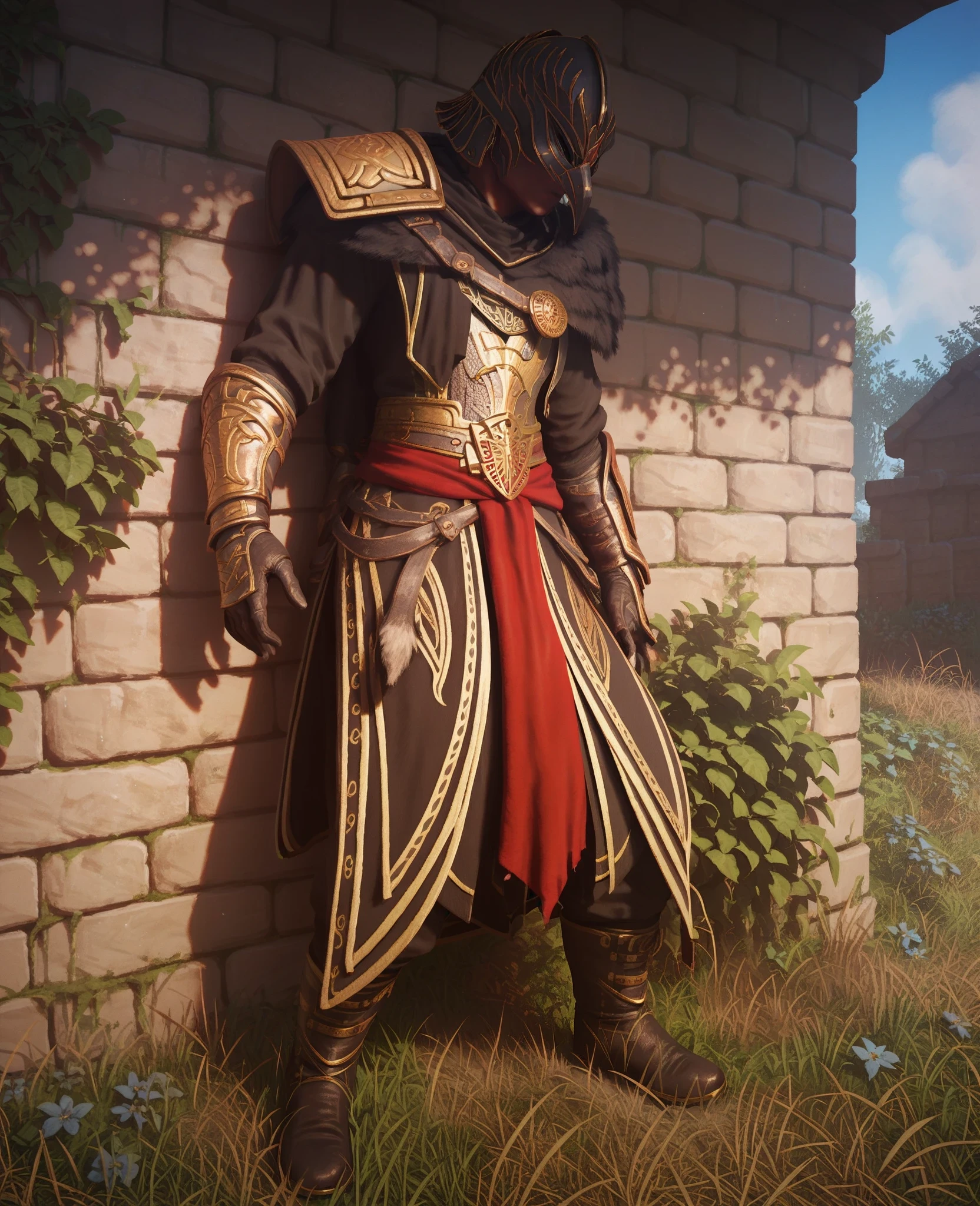 Bl4ckR4ven4rmor, armor, black robe, bracers, boots, red waist curtain, fur shoulder armor, helmet, score_9, score_8_up, score_7_up, score_6_up, score_5_up, (Leaning against a wall), outdoors,