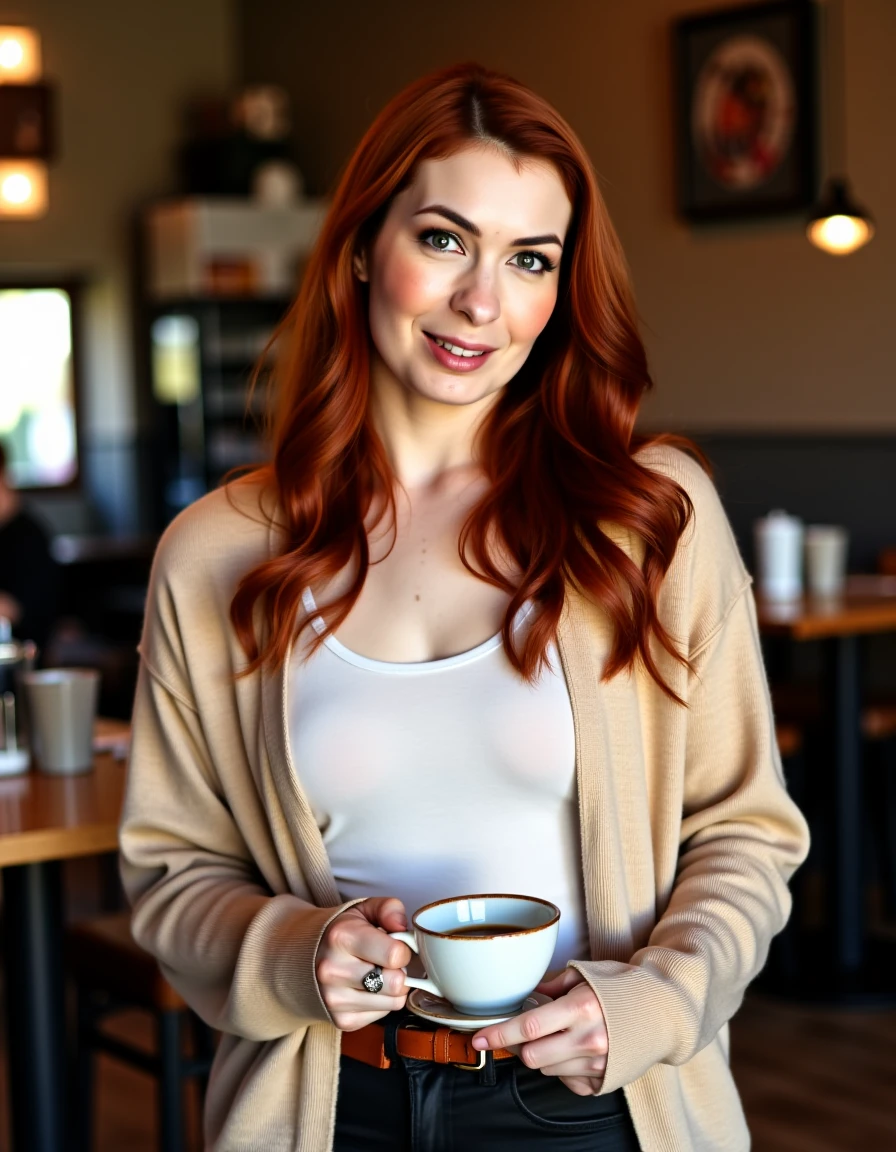 <lora:Felicia_Day_Flux:1> This image is of a women her hair natural red color with a slight curl that cascades over her shoulders. She has a fair complexion with a light dusting of freckles across her cheeks and nose, assertive expression. Wearing a cardigan, t-shirt, skirt, leggings, standing in a cafe