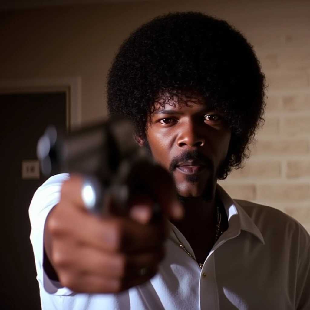 cinematic film still of  <lora:Pulp Fiction Film style v1:1>  <lora:Hand v2:1>
Jules Winnfield a black man with afro hair aim gun in a room,1911 series,solo,looking at viewer,shirt,black hair,1boy,holding,brown eyes,jewelry,white shirt,upper body,weapon,male focus,dark skin,necklace,holding weapon,gun,facial hair,dark-skinned male,holding gun,beard,handgun,brick wall,revolver,afro , 1990's, 90's, film, cinematic, crime and violence, classic, graphic violence, Kodak film, motion picture image,Pulp Fiction style, Pulp Fiction Film style, shallow depth of field, vignette, highly detailed, high budget, bokeh, cinemascope, moody, epic, gorgeous, film grain, grainy