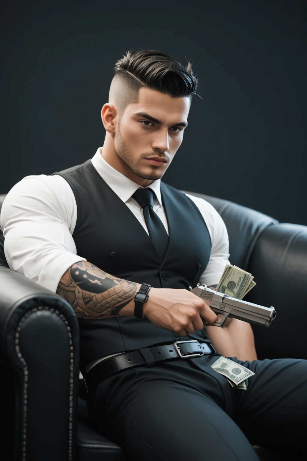 (score_9, score_8_up), score_7_up, 2D, hatching, 2boys, lounging, sitting, black clothing, eye roll, bored, annoyed, manly, villain, short hair, crew cut, tattoos, arm tattoos, short sleeves, turtleneck, black neck tie, suit, long selves, black tactical gear, bullet proof vest, holding gun, handgun, long hair, braided hair, black hair, short hair, tanned skin, belt, black gloves, black eyes, all black attire, muscular male, large pectorals, pectorals, dark background, stacks of money, dollar bills, liquor bottle