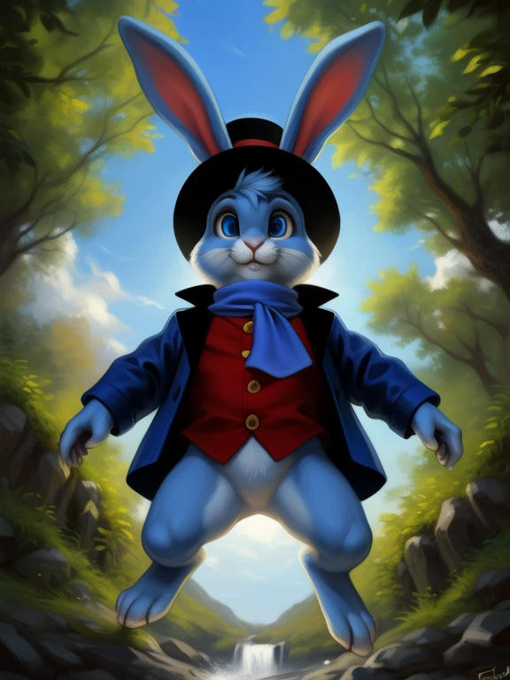 <lora:ArtfulDodgerBunYif:0.8>  ArtfulDodgerBun, bunny, (white sclera, Blue eyes, light blue fur, hat top hat, red shirt, blue jacket, blue scarf,)( chibi, small body,)
Looks at the viewer, [ solo, nature, forest, day, clouds, waterfall, nude, naced,]   (worm's-eye view, looking down,)
beautiful, aesthetic, perfect, delicate, intricate, saturated colors, masterpiece, digital drawing, best quality,  
by Personalami, by Honovy, by Thebigslick, by Taran Fiddler