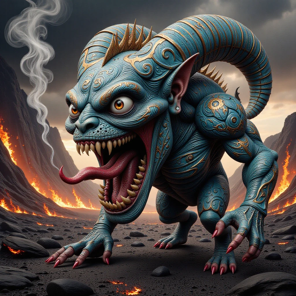 concept-dark,  golden designs and the letters "GP" inscribed on it, fiery battlefield. The creature, photorealistic CGI rendering of a grotesque, open mouth exhaling a wisp of smoke, swirling patterns in blue and white, The image is a digital drawing with a surreal, dramatic, circular eye and a sinister, known for their colorful attire and exaggerated, volcanic rocks and a fiery background<lora:concept-dark:1>