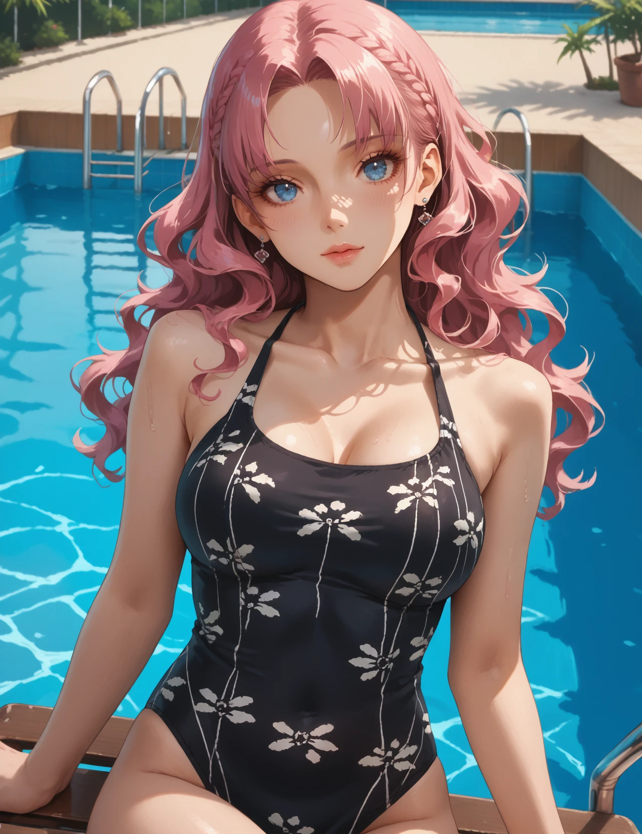 Score_9, Score_8_up,Score_7_up, Score_6_up,Score_5_up, Score_4_up, Source_anime, Rating_questionable, Persona_3 style, Shigenori_Soejima_Artwork, 1girl, Large breasts, pink hair, long wavy hair, Blue eyes, <lora:Chanel_Dragonfly_Dress_98:0.8> black dress, white pattern, print, Swimsuit, Pool side, Comfortably sit on sunbed, deckchair