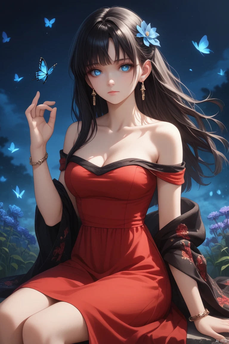 score_9,score_8_up,score_7_up, source anime,masterpiece,best quality,ultra detailed eyes,BREAK,1girl,solo,flower,hair ornament,blue eyes,jewelry,breasts,sitting,long hair,butterfly,earrings,hair flower,looking at viewer,cleavage,dress,bracelet,medium breasts,red flower,collarbone,bare shoulders,bangs,black hair,hand up,closed mouth,off shoulder,skirt,gem,floating hair,red skirt,shawl,red dress,glint,feet out of frame,night,outdoors