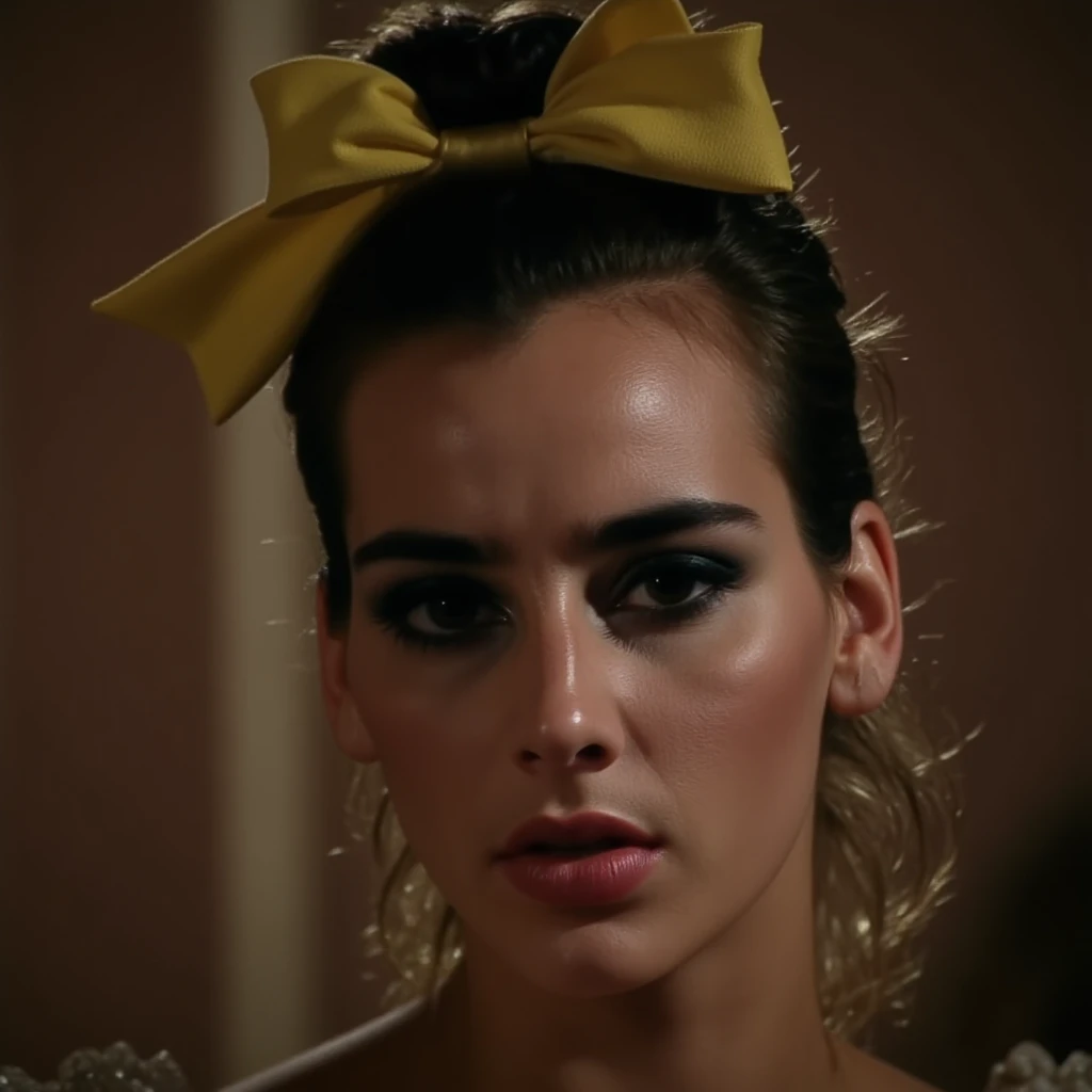 cinematic film still of  <lora:Rosa72 v1:0.9>
Rosa72 a young woman with a yellow bow in a room, perfect image, perfect body, perfect anatomy, sharp image, detailed image, Kodak film, high quality photography, Rosa Caracciolo style, solo, black hair, closed mouth, hair bun, black eyes, lips, portrait, photorealistic, closeup, eye makeup, shallow depth of field, vignette, highly detailed, high budget, bokeh, cinemascope, moody, epic, gorgeous, film grain, grainy